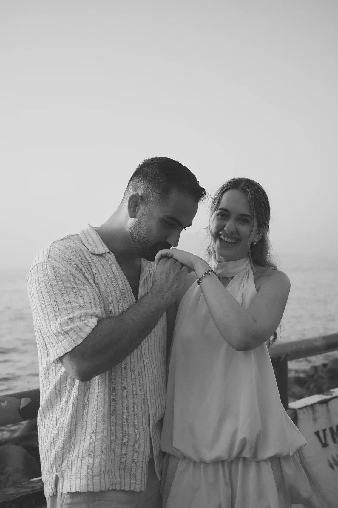 Black and white engagement portrait after a proposal in Sorrento
