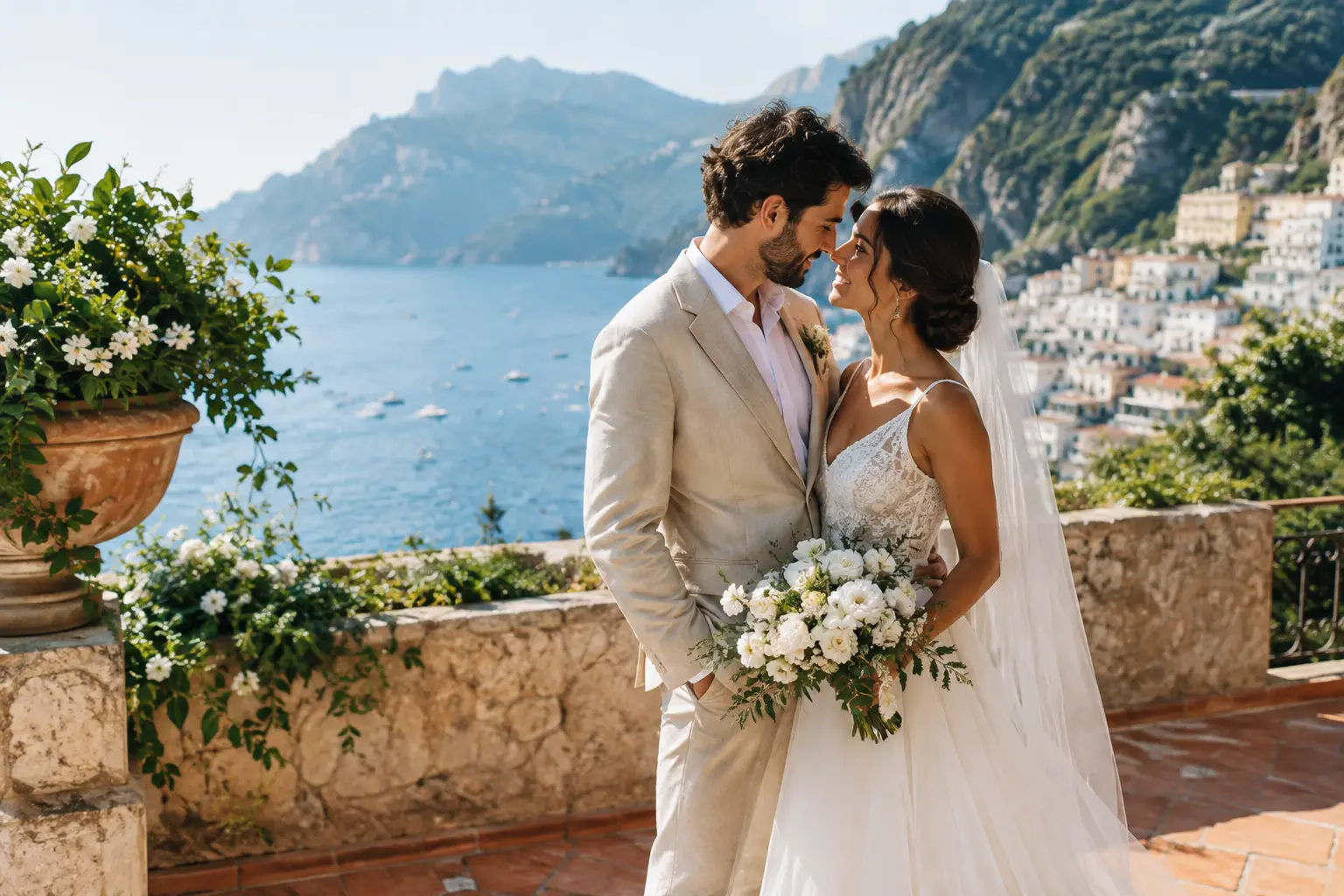 Editorial illustration: a bride and groom touch foreheads while holding a white bouquet on a terrace above a coastal town.
