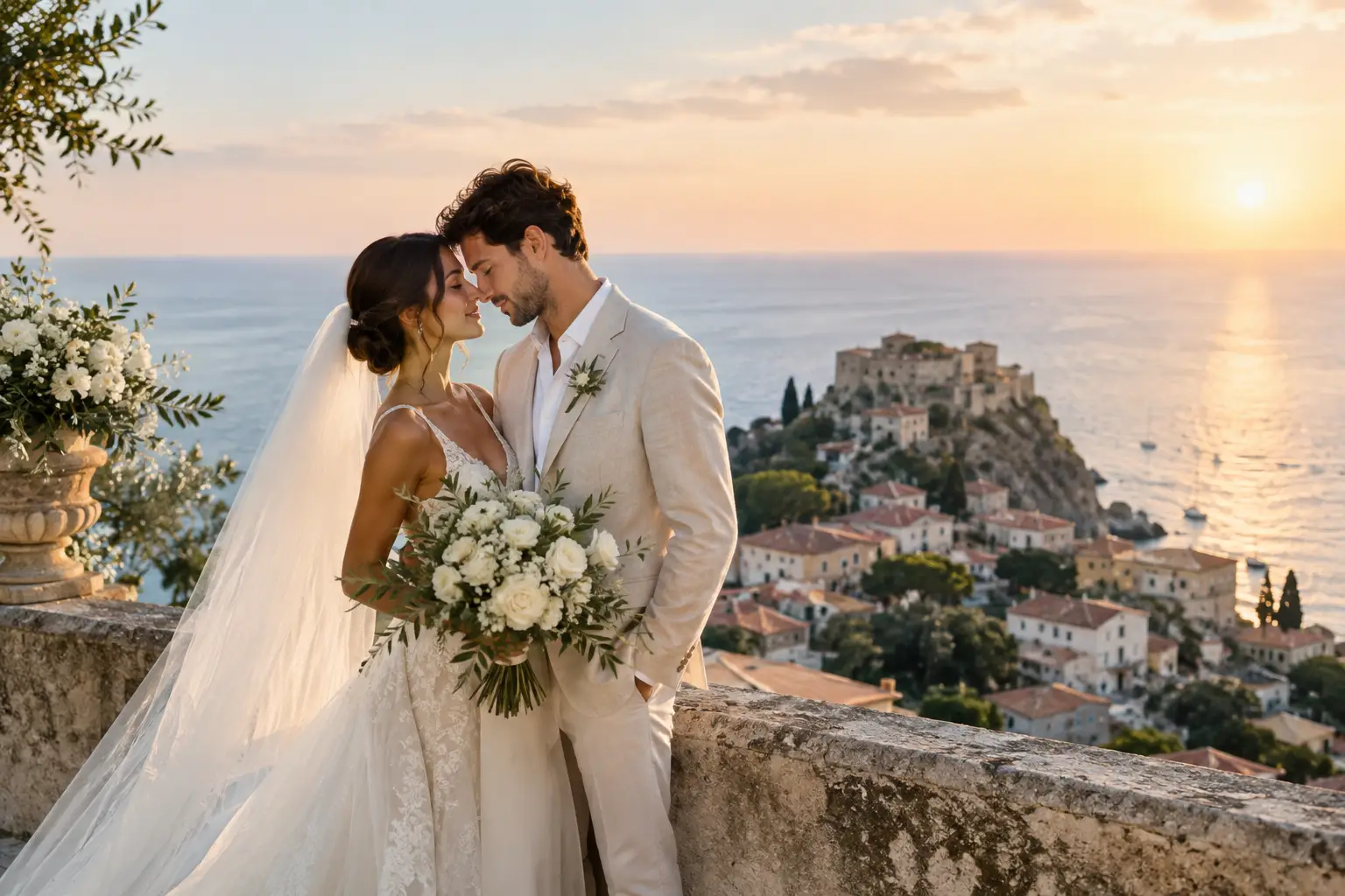 Editorial illustration: a bride and groom touch foreheads above a hilltop village at sunset, with the sea behind them.