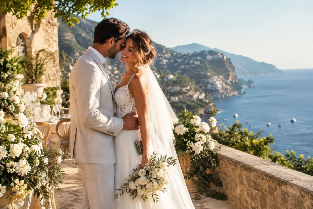 Editorial illustration: a bride and groom touch foreheads beside white flowers and a stone balustrade overlooking a coastal village.