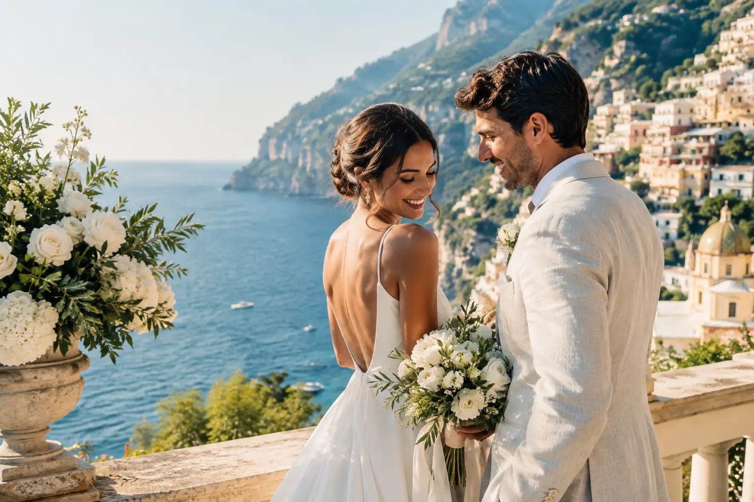Editorial illustration: a groom looks toward a smiling bride holding a white bouquet on a terrace above a mountainous coast.