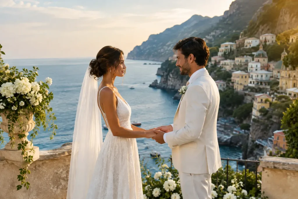 Editorial illustration: a bride and groom hold hands on a stone terrace above the sea and a coastal town in soft evening light.