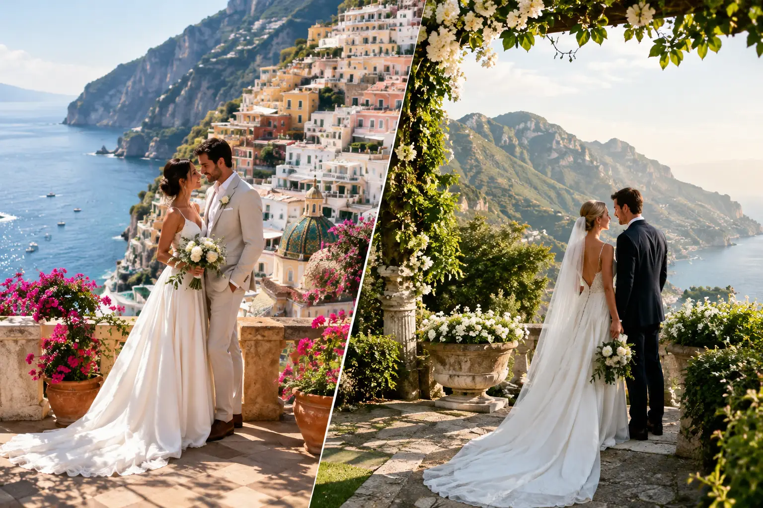 Editorial illustration: a two-panel composition shows couples on a colourful coastal terrace and in a garden overlooking the sea.