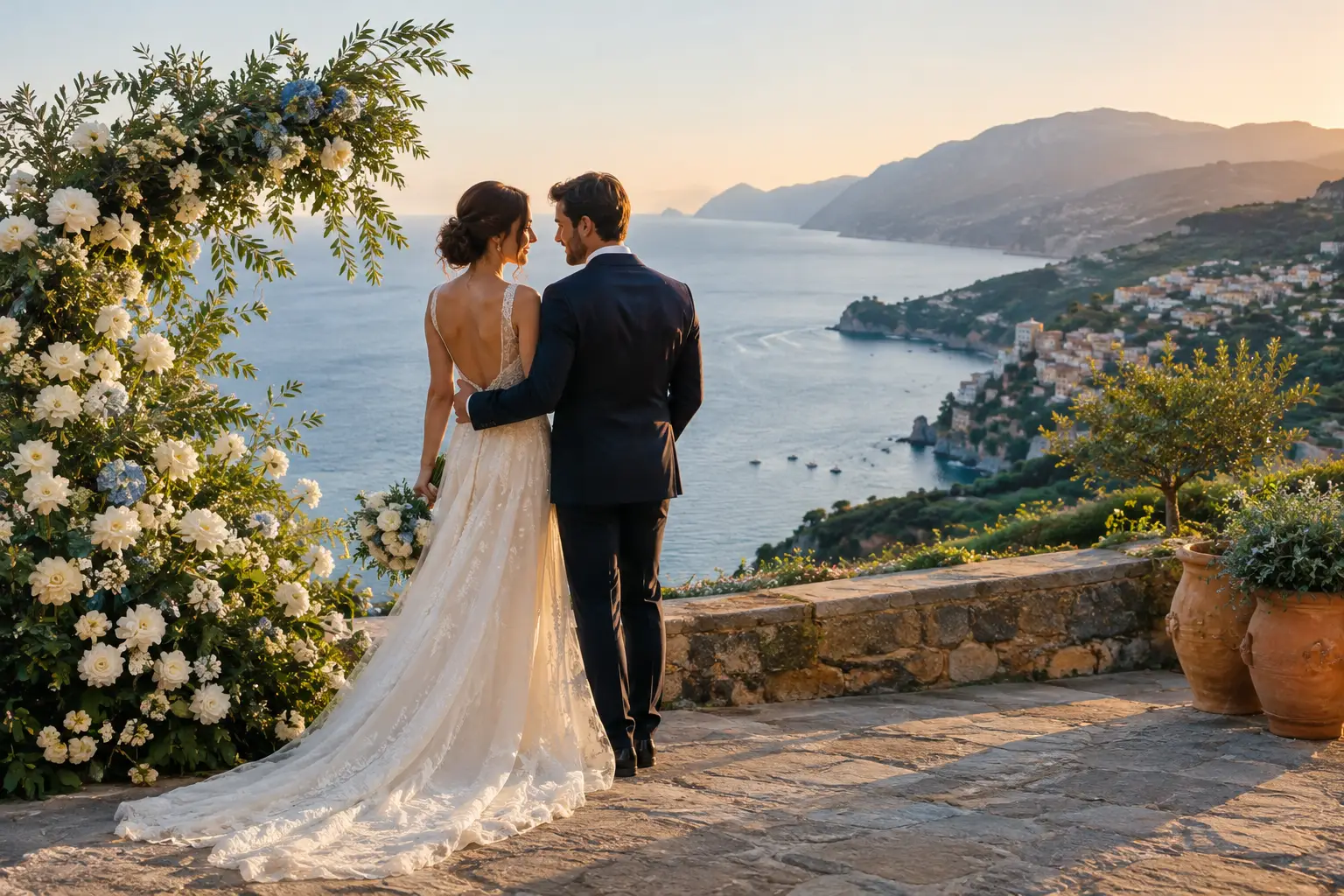 Editorial illustration: a bride and groom stand arm in arm with their backs to the viewer, looking over a coastal bay at sunset.