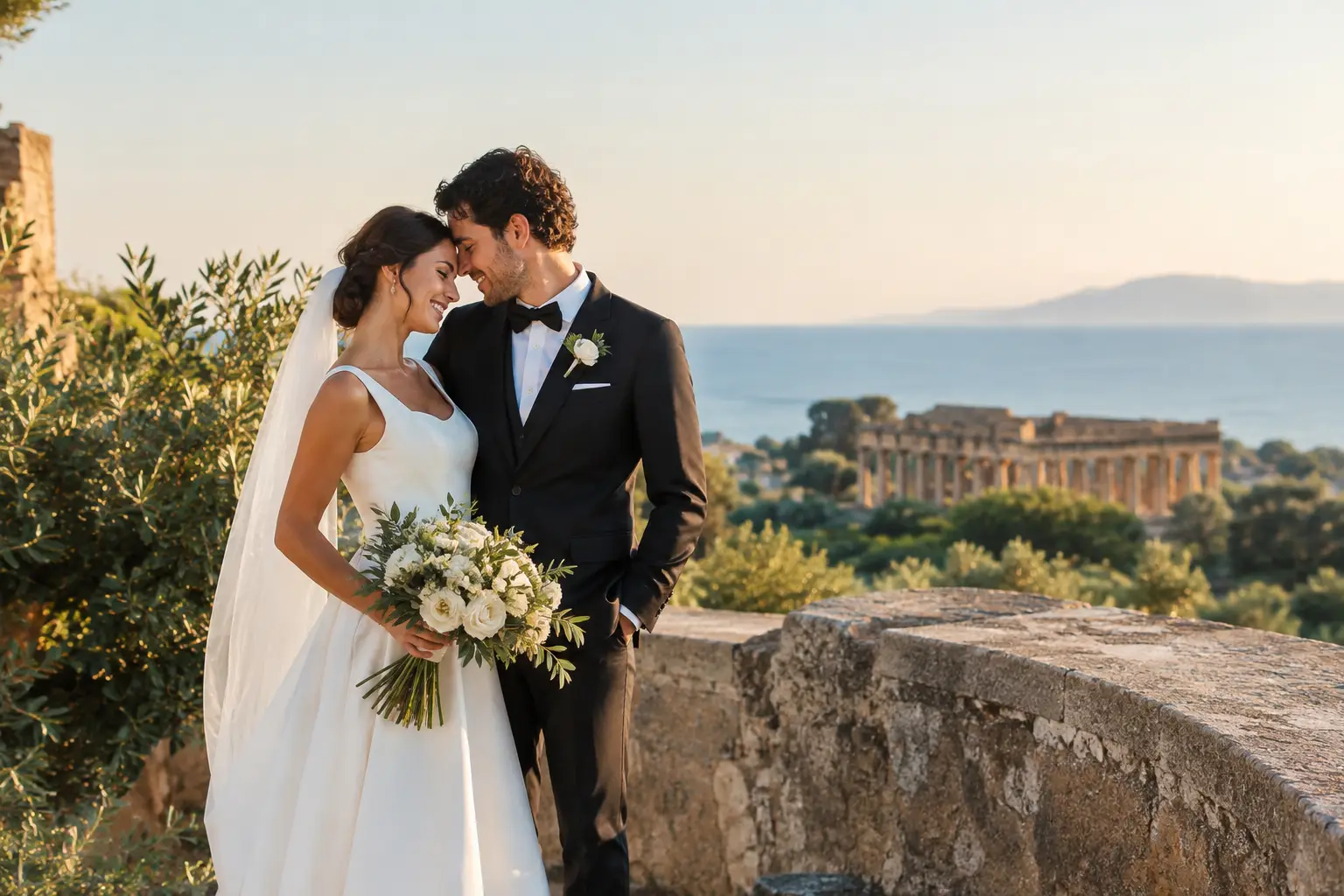 Editorial illustration: a bride and groom touch foreheads beside olive foliage and a stone wall, with ancient temple columns in the distance.