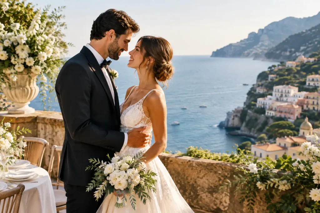 Editorial illustration: a bride and groom face each other beside a white-flower arrangement and a reception table above the sea.
