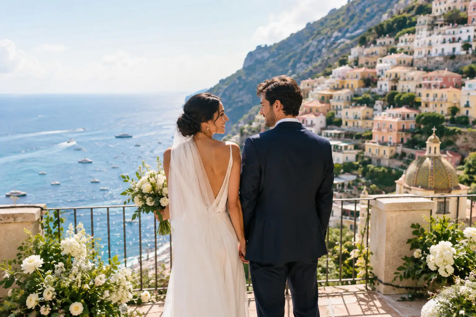 Editorial illustration: a bride and groom face the sea from a terrace above a coastal town, framed by flowers and a domed church.