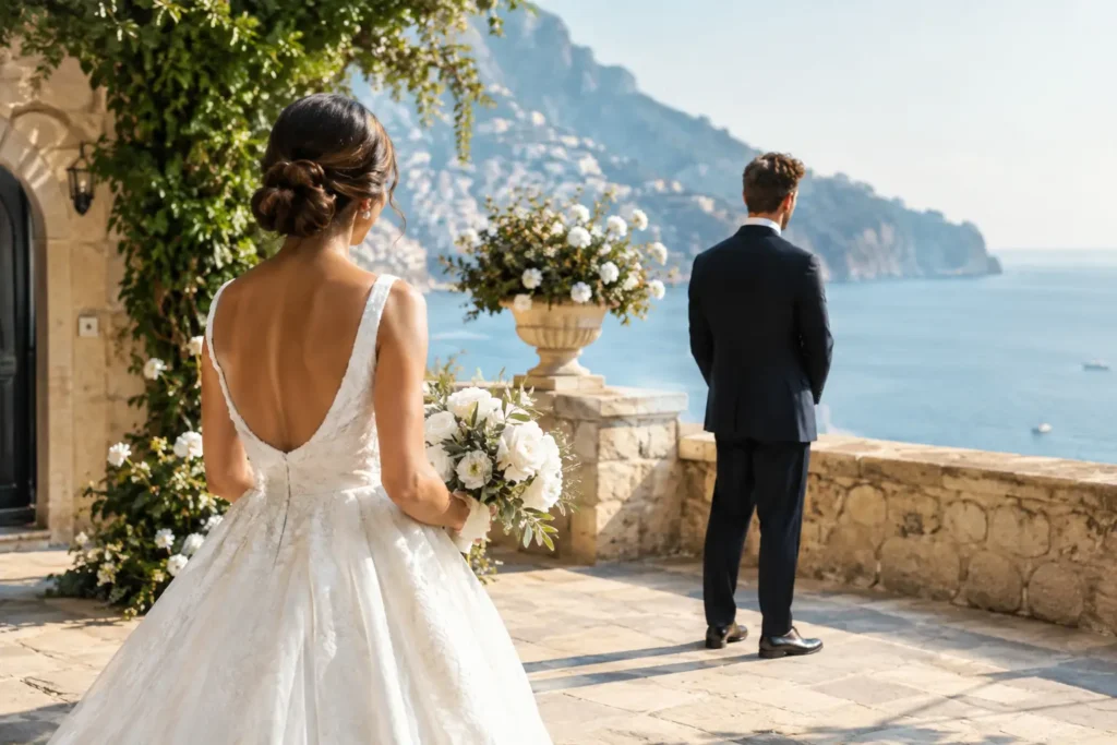 Editorial illustration: a bride approaches a groom standing with his back to her on a flower-lined seaside terrace.