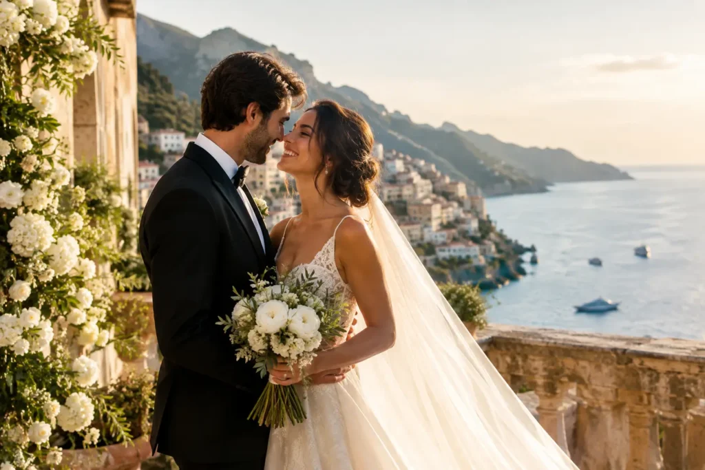 Editorial illustration: a bride and groom touch foreheads beside a stone column above a coastal village in warm evening light.