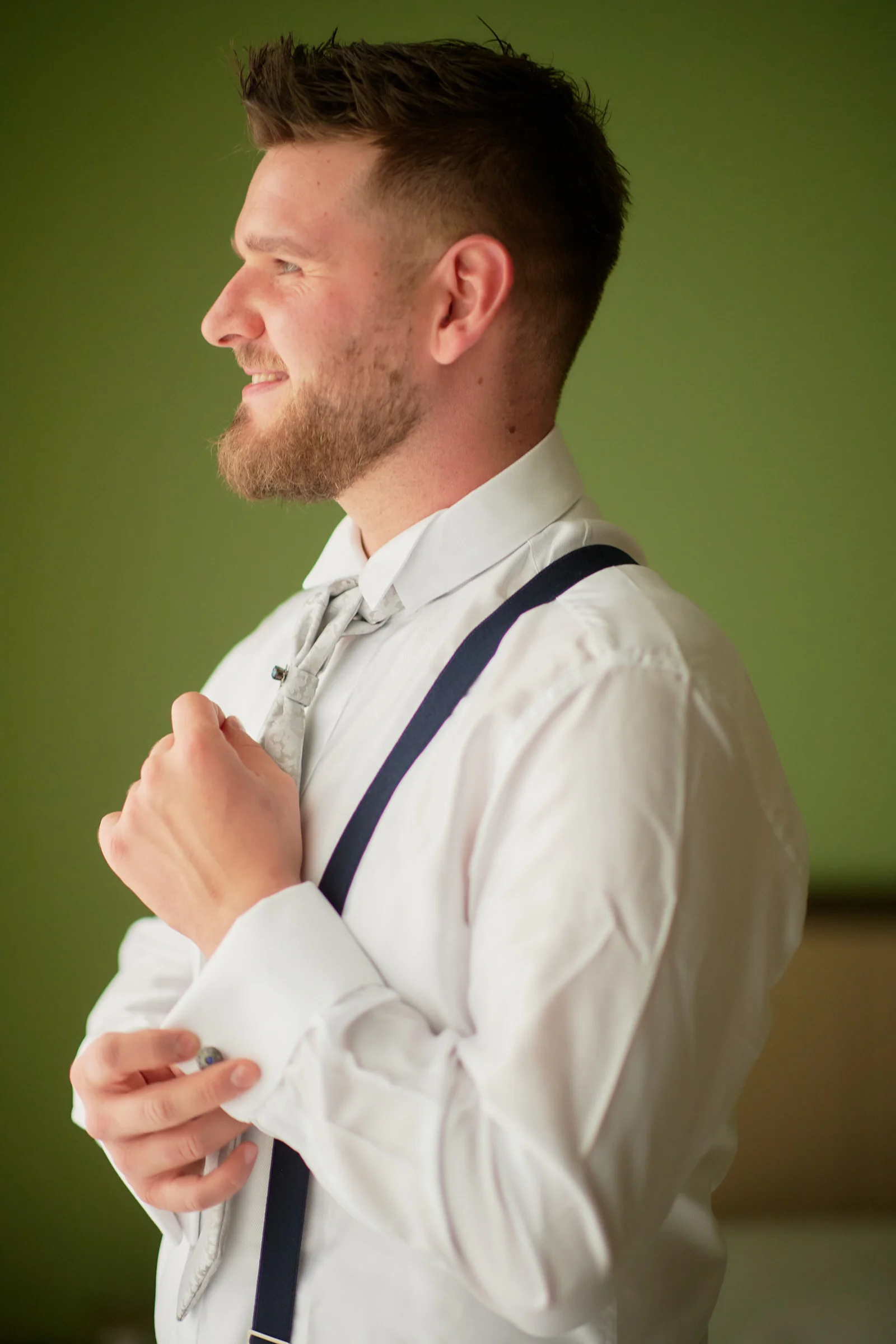 Portrait of Matteo smiling during his wedding preparations in Gragnano.