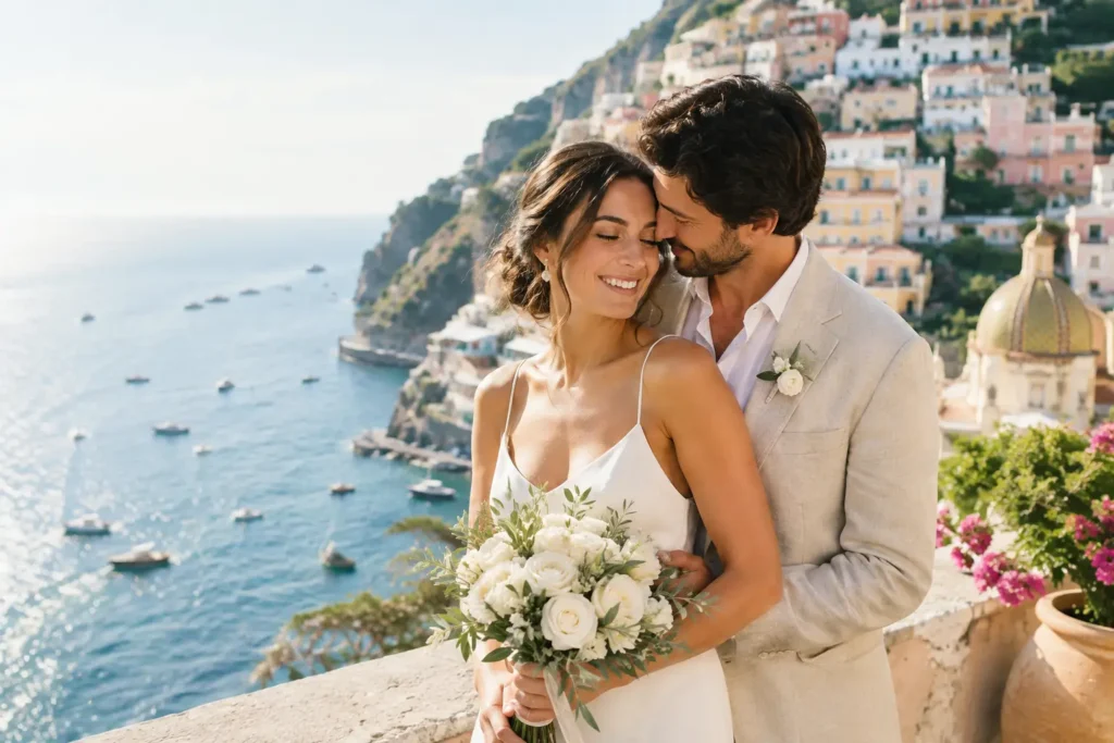 Editorial illustration: a smiling bride holds a white bouquet as a groom leans toward her above a sunlit coastal town.