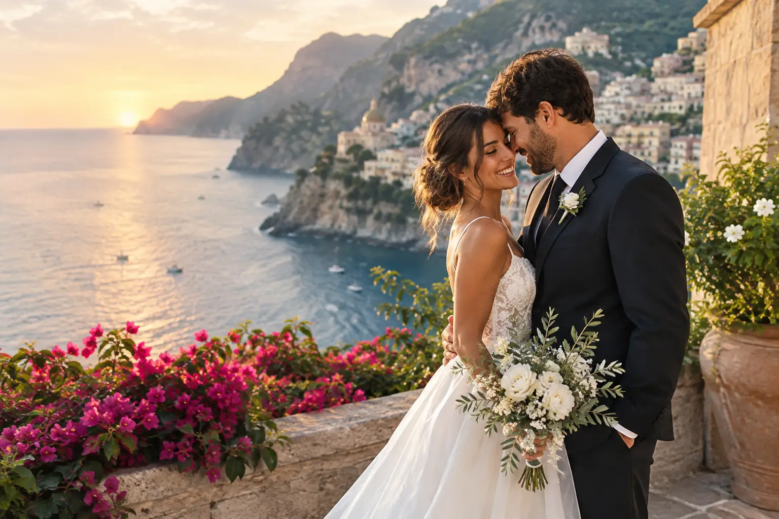 Editorial illustration: a bride and groom touch foreheads beside pink flowers above a coastal town at sunset.