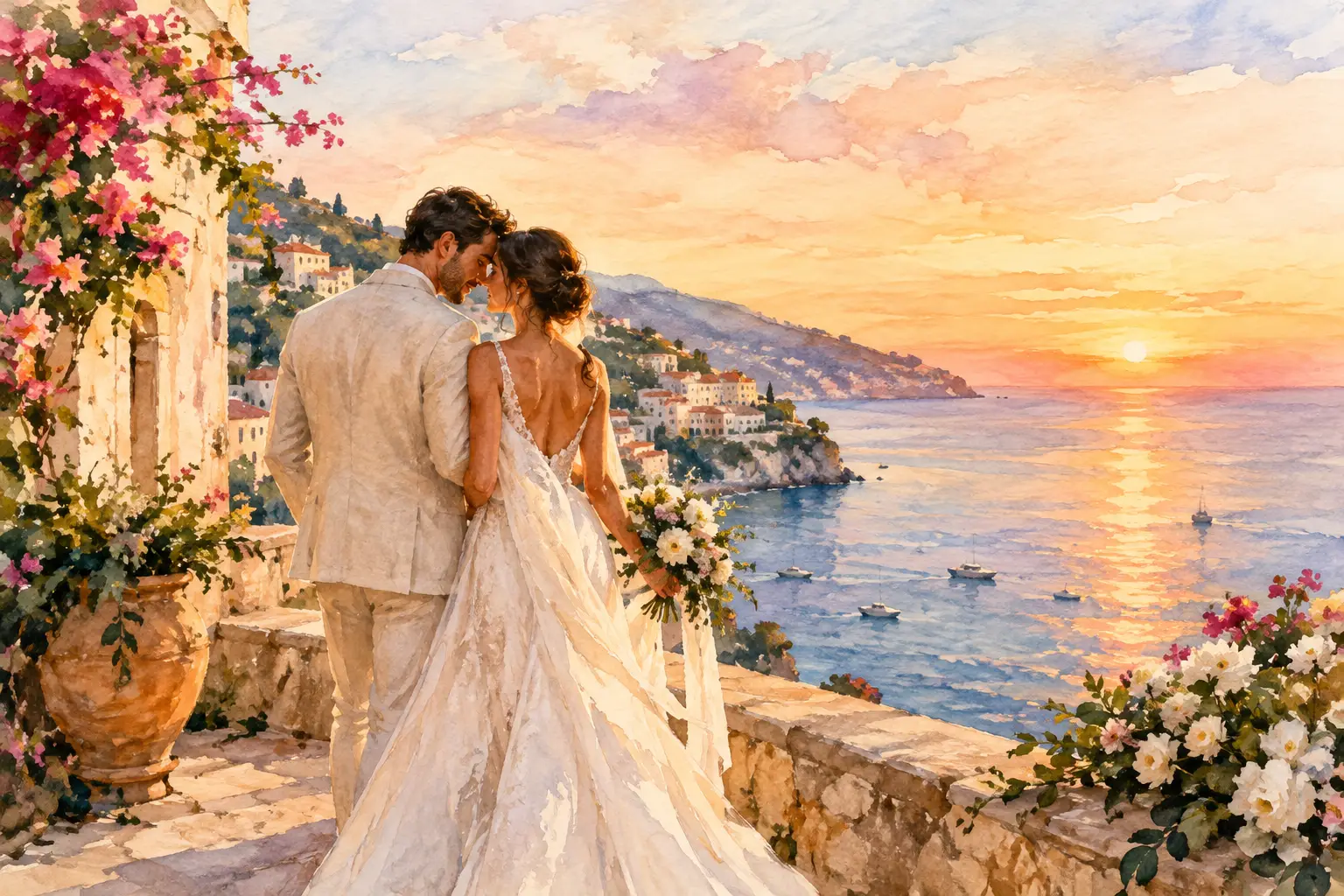 Editorial illustration: a painterly illustration shows a couple from behind on a flower-lined coastal terrace overlooking the sunset.