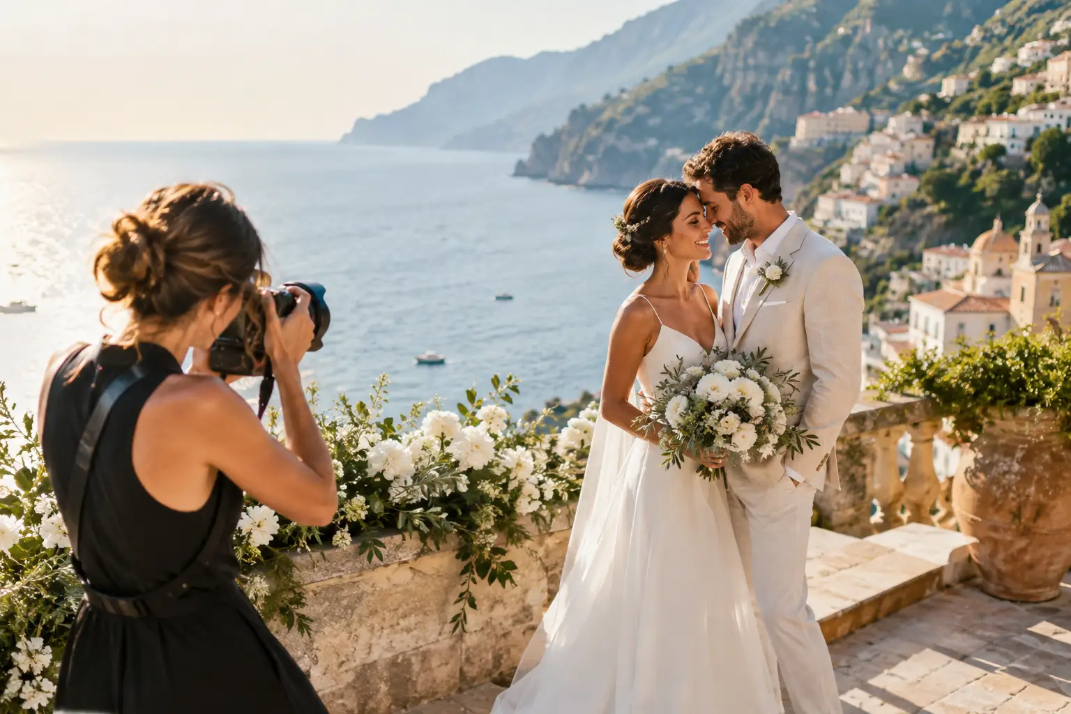 Editorial illustration: a photographer frames a smiling bride and groom in pale wedding attire above a mountainous coastline.