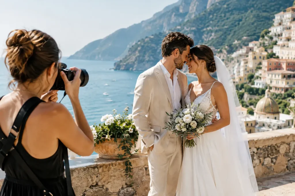 Editorial illustration: a photographer frames a bride and groom touching foreheads above a coastal town and domed church.