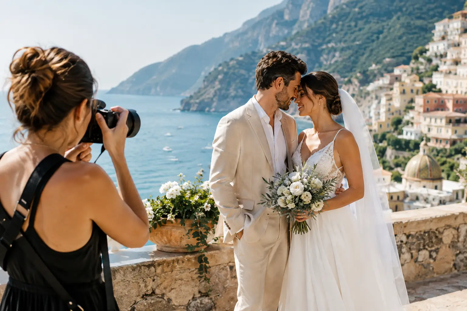 Editorial illustration: a photographer frames a bride and groom touching foreheads above a coastal town and domed church.